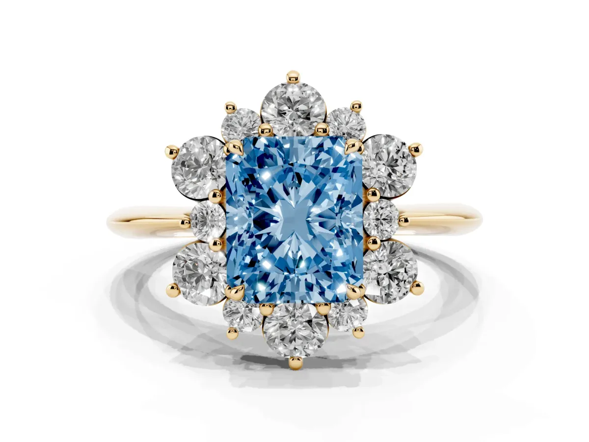 Fancy Blue Radiant Cut Diamond Cluster Halo Ring with Solitaire Band and Four-Prong Setting Yellow gold