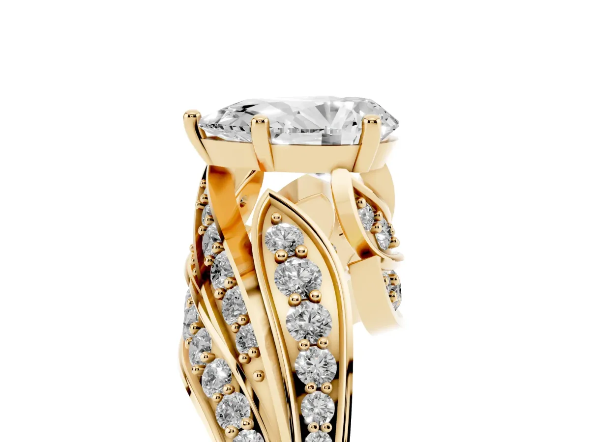 Pear Cut Diamond Solitaire Ring with Prong Setting and Twisted Pavé Band Yellow gold