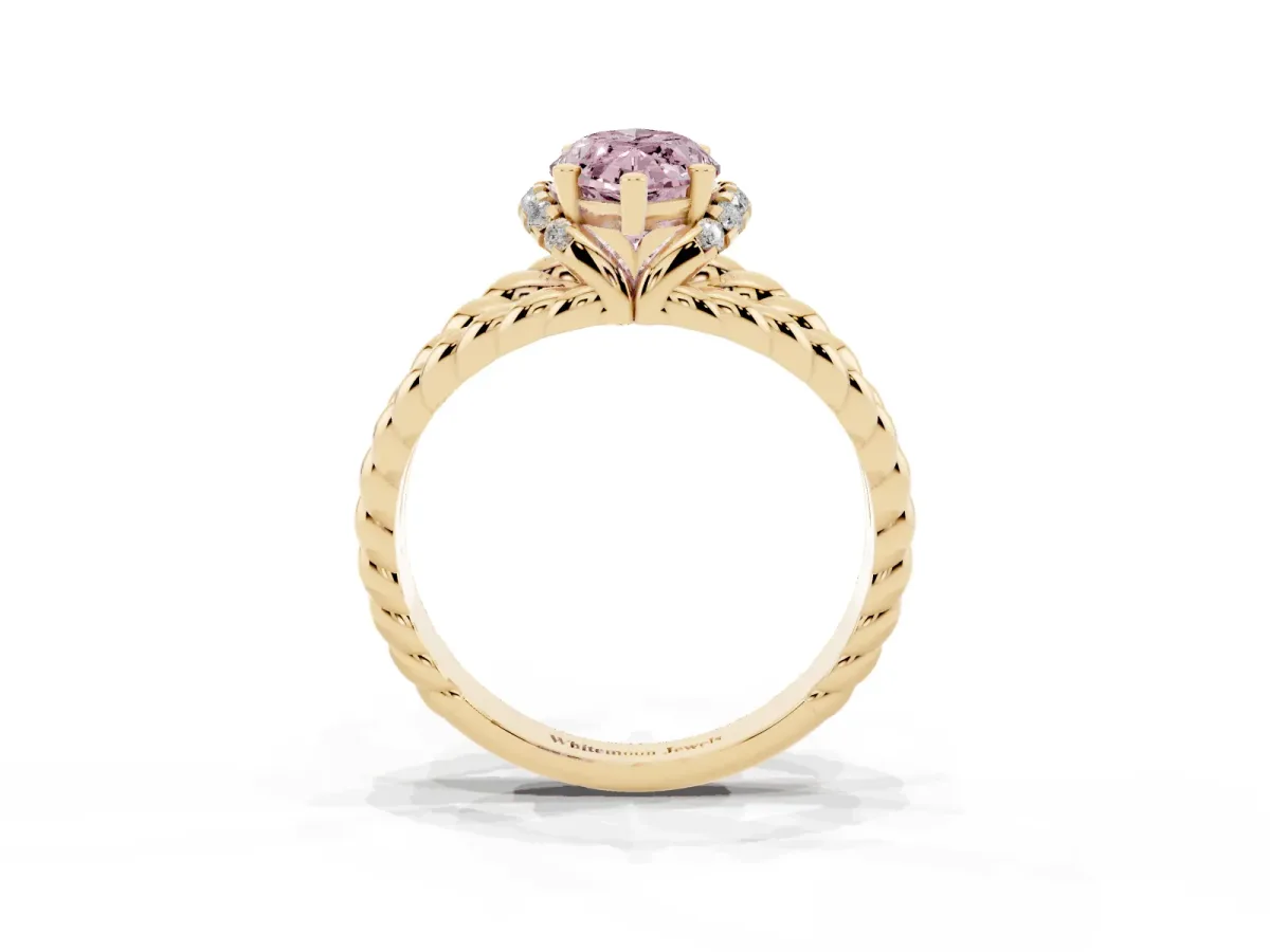 Fancy Pink Marquise Cut Halo Twisted Band Four-Prong Ring Yellow gold