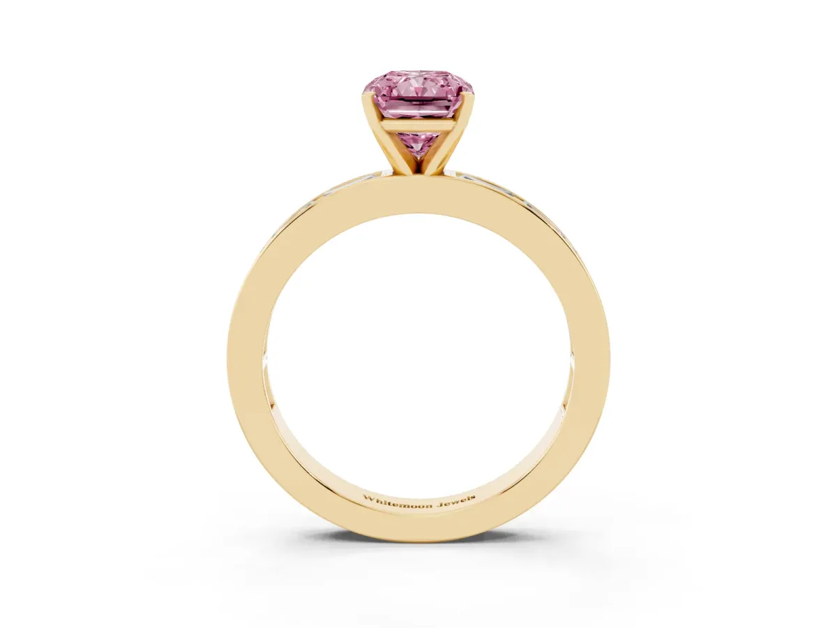 Fancy Pink Radiant Cut Solitaire Diamond Ring with Channel-Set Baguette Band and Four-Prong Setting Yellow gold