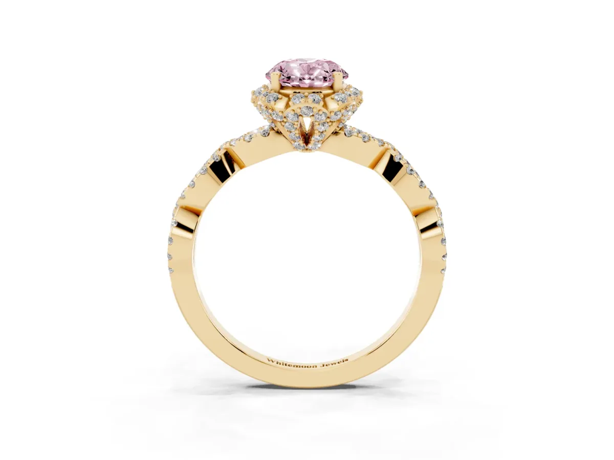 Fancy Pink Oval Cut Halo Twist Band Solitaire Ring with Six-Prong Setting Yellow gold
