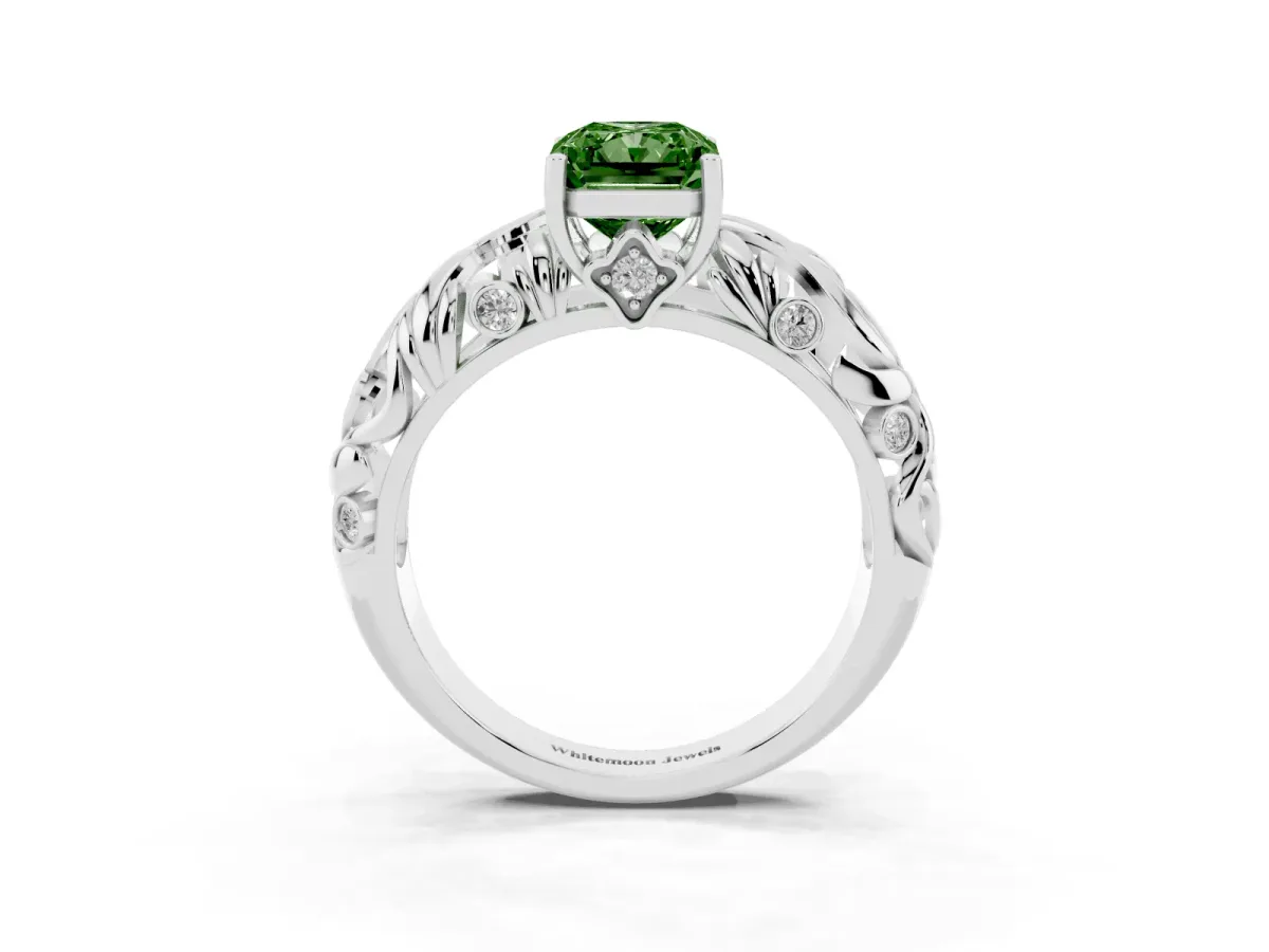 Fancy Green Radiant Cut Solitaire Diamond Leaf-Inspired Vine Band Ring with Prong Setting Silver