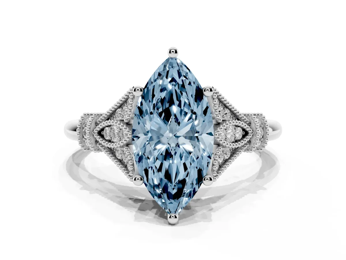 Fancy Blue Marquise Cut Diamond Solitaire Ring with Floral Filigree and Pave Accents Silver