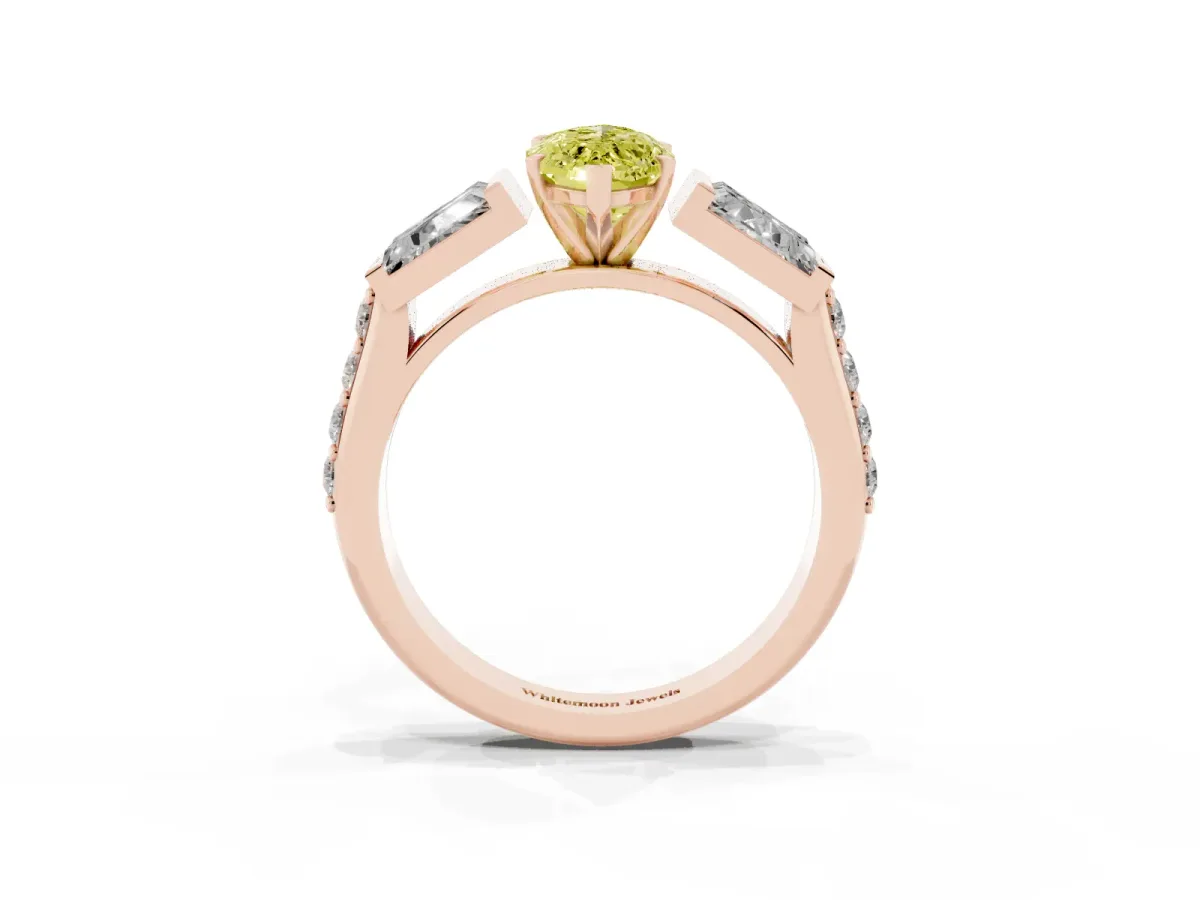 Fancy Yellow Marquise Cut Diamond Engagement Ring with Baguette Side Stones and Channel Set Band Rose gold