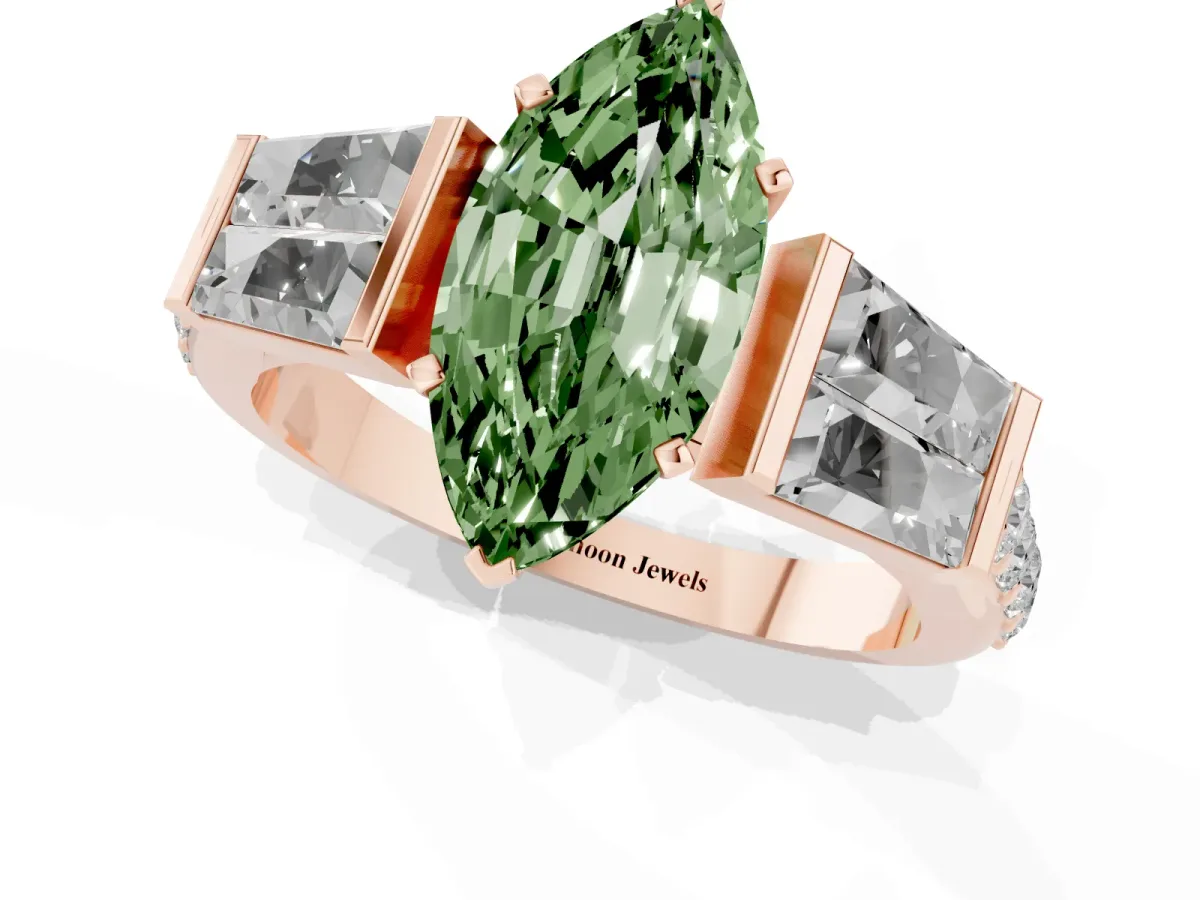 Fancy Green Marquise Cut Diamond Engagement Ring with Baguette Side Stones and Channel Set Band Rose gold