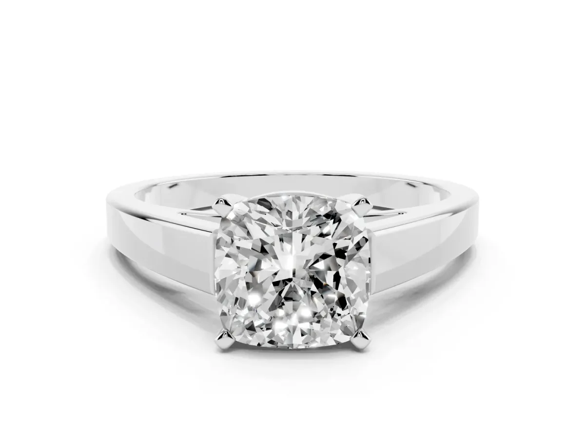 Cushion Cut Solitaire Engagement Ring with Four-Prong Setting and Tapered Band Platinum