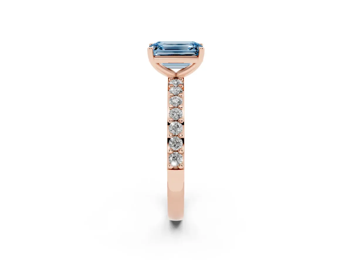 Fancy Blue Emerald Cut Cut Diamond Solitaire with Pave Band and Four-Prong Setting Rose gold