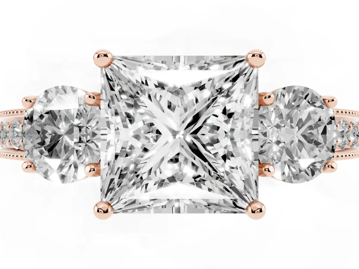 Princess Cut Three-Stone Diamond Ring with Pavé Band and Four-Prong Setting Rose gold