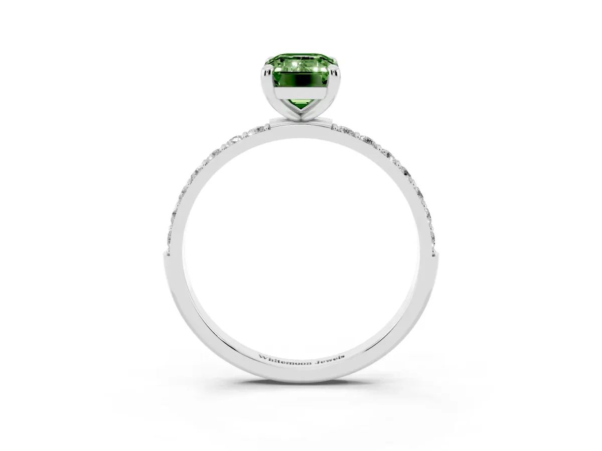 Fancy Green Emerald Cut Diamond Solitaire Ring with Round Pavé Band and Prong Setting Silver