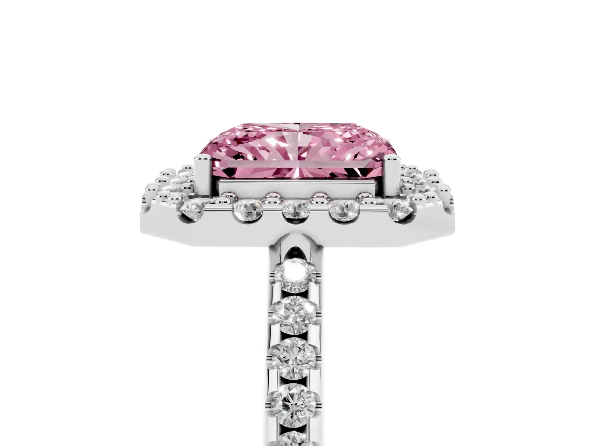 Fancy Pink Radiant Cut Diamond Pavé Halo Ring with Four-Prong Setting Silver