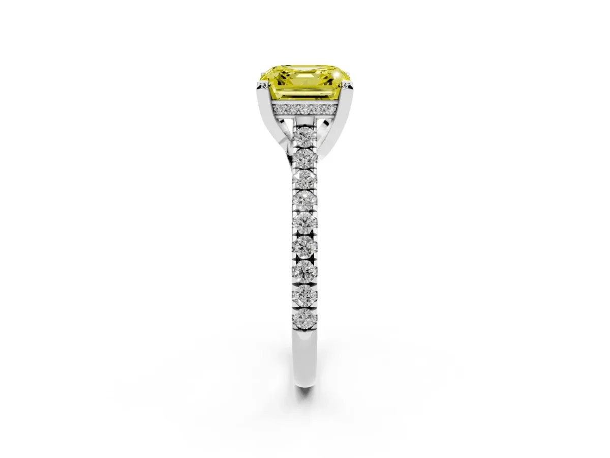 Fancy Yellow Asscher Cut Brilliant Diamond Solitaire with Pavé Band and Four-Prong Setting Silver