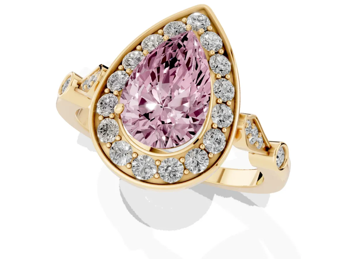 Fancy Pink Pear Cut Halo Diamond Engagement Ring with Twisted Band and Four-Prong Setting Yellow gold
