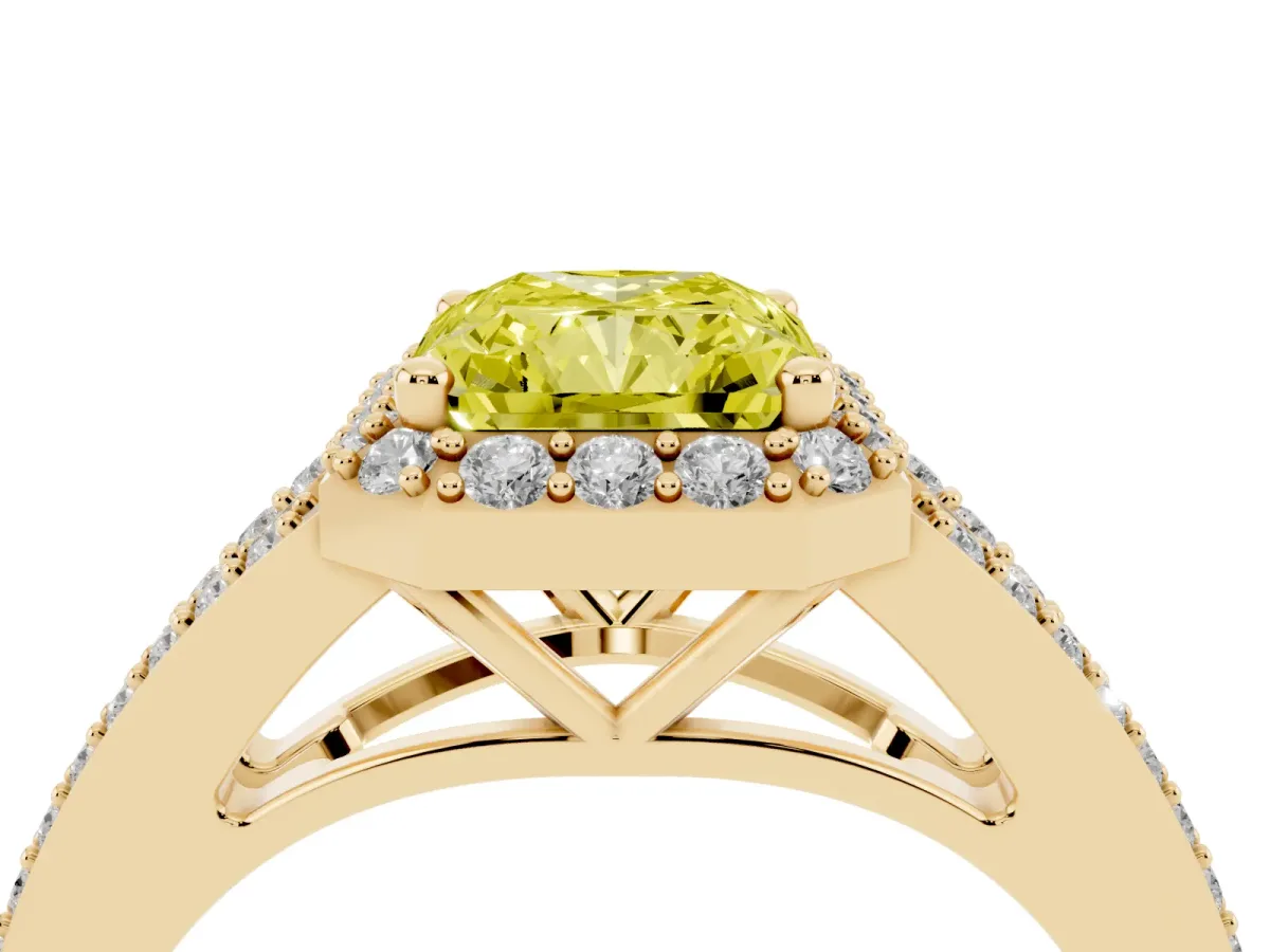 Fancy Yellow Radiant Cut Halo Split Shank Diamond Ring with Prong Setting Yellow gold