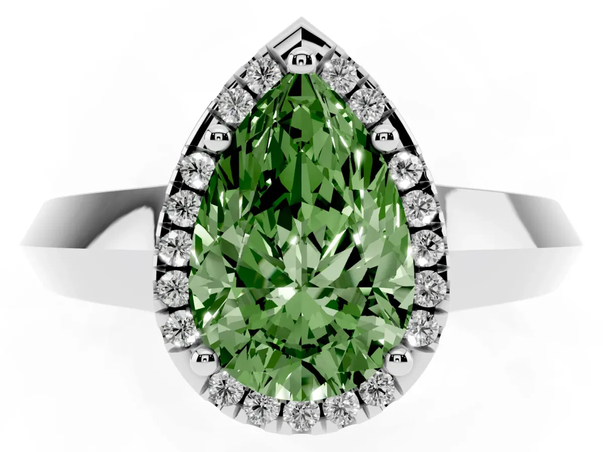 Fancy Green Pear Cut Halo Diamond Ring with Cathedral Band and Four-Prong Setting Silver