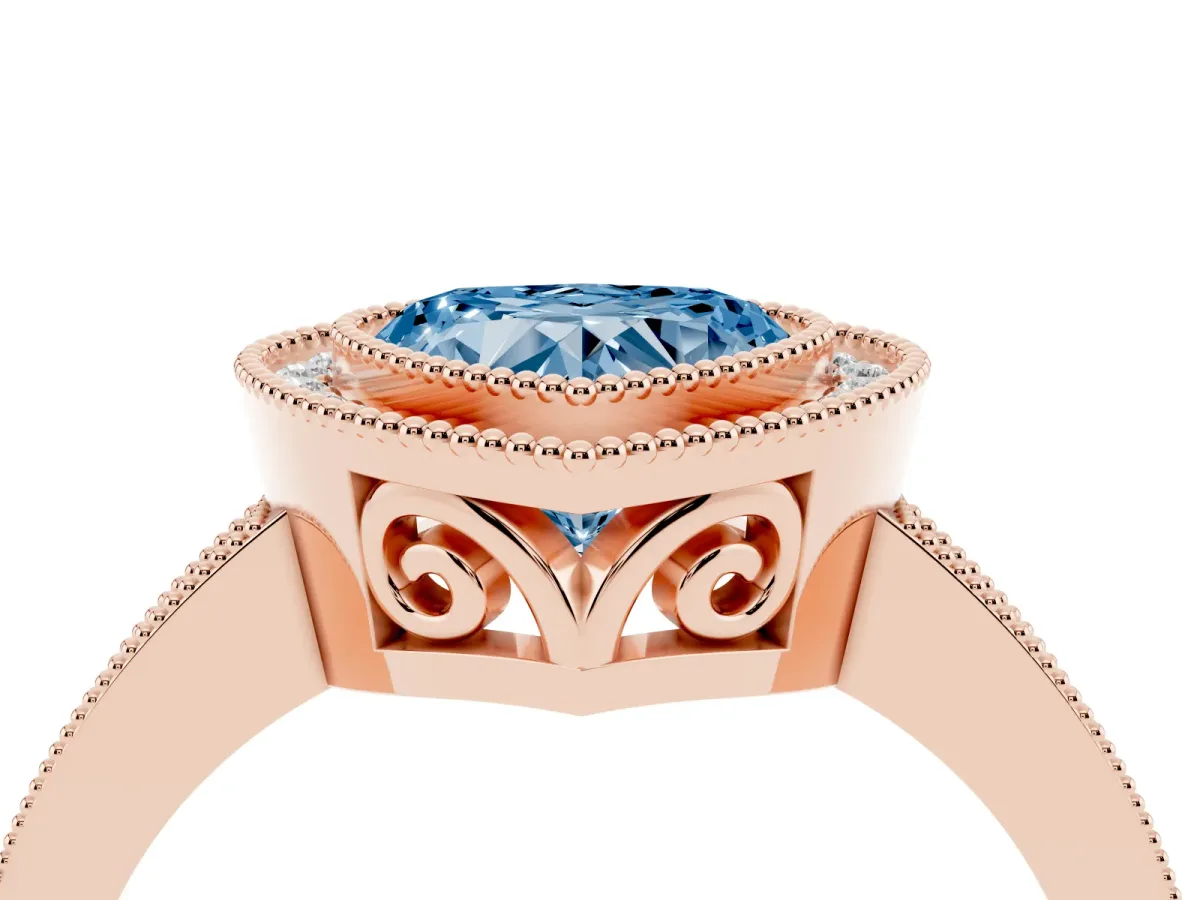 Fancy Blue Heart Cut Cut Halo Diamond Ring with Pavé Band and Milgrain Prong Setting Rose gold