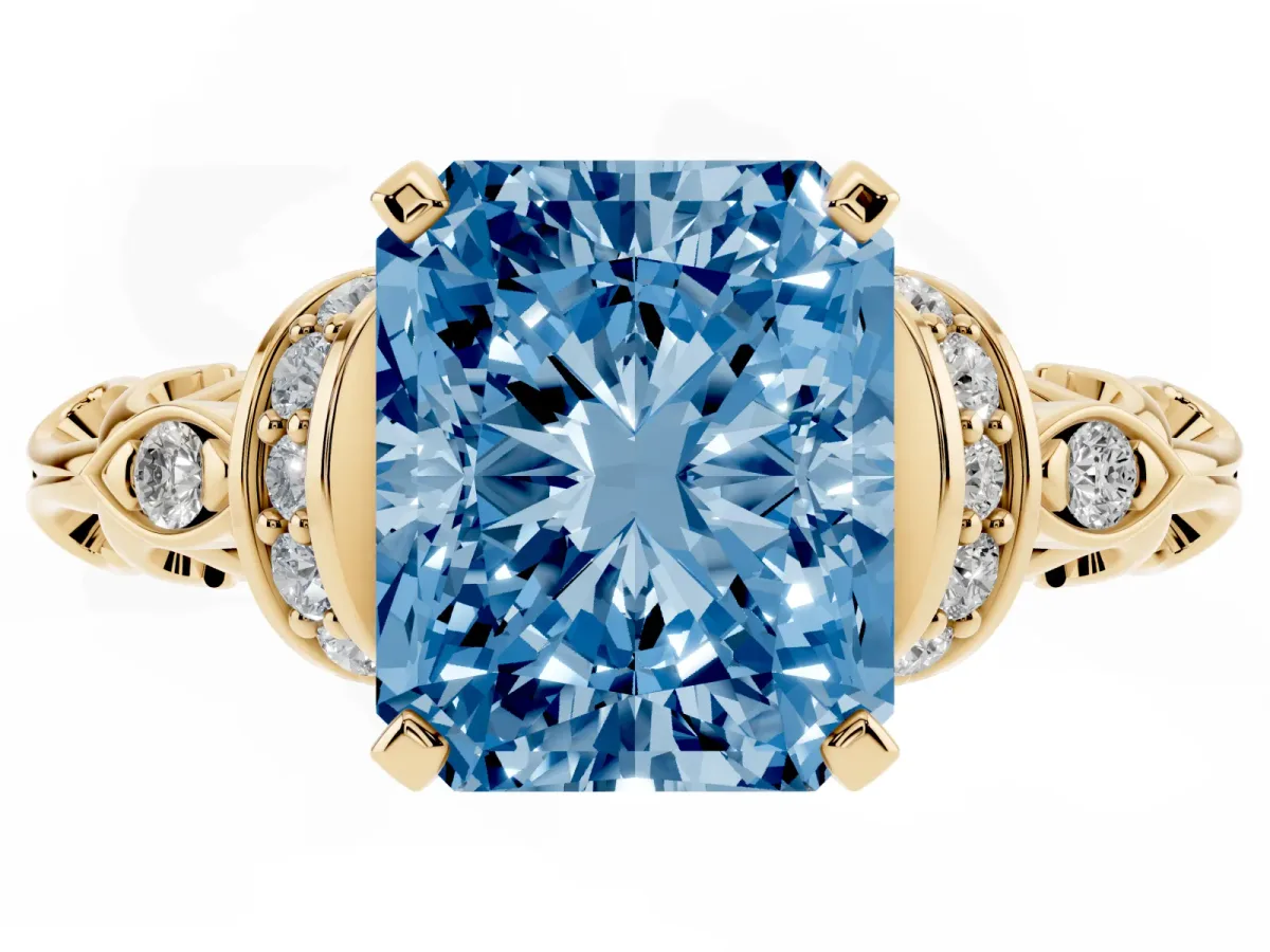 Fancy Blue Radiant Cut Diamond Solitaire Ring with Filigree Band and Four-Prong Setting Yellow gold