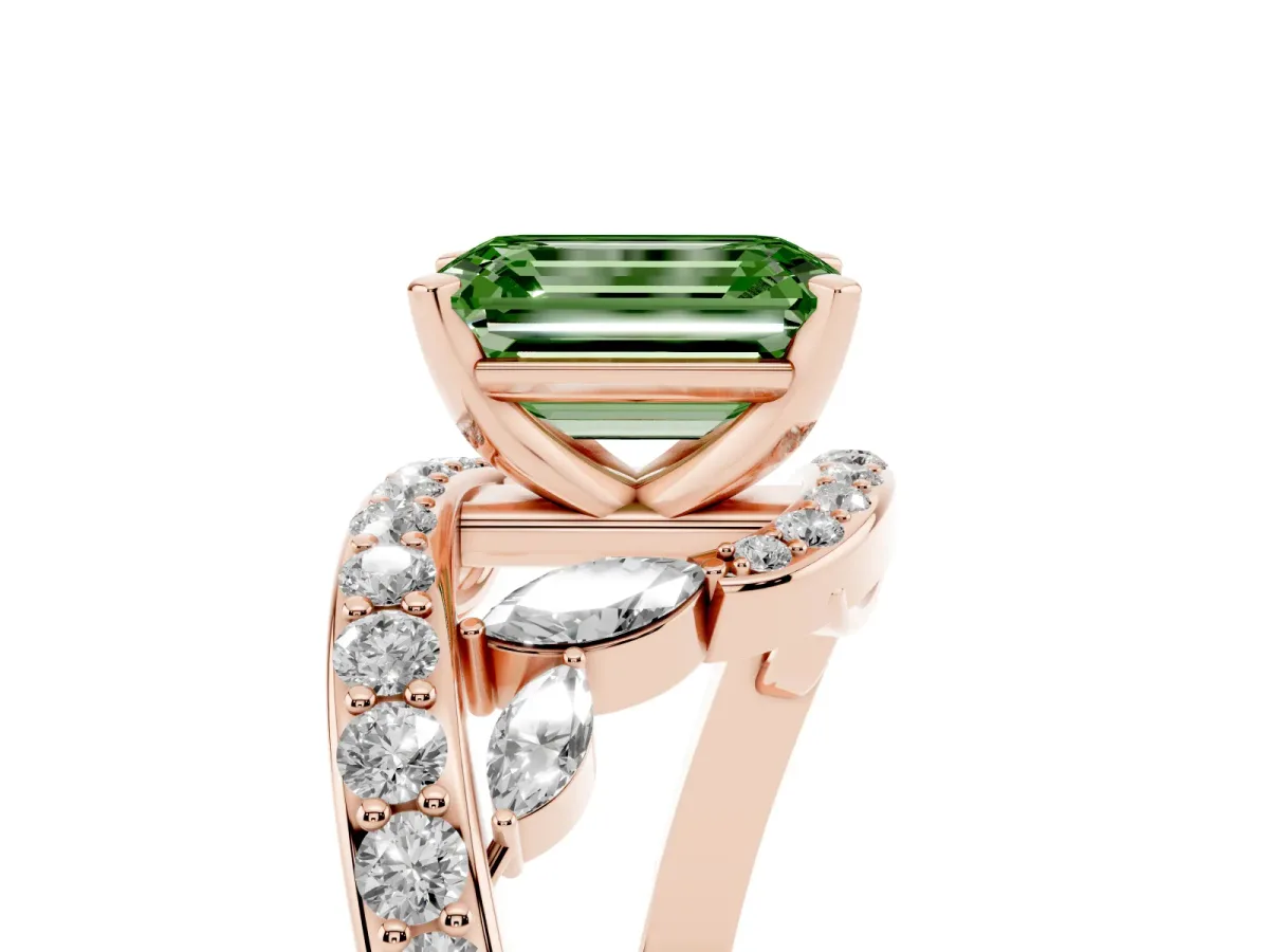 Fancy Green Emerald Cut Solitaire with Pavé Twist Band and Four-Prong Setting Rose gold
