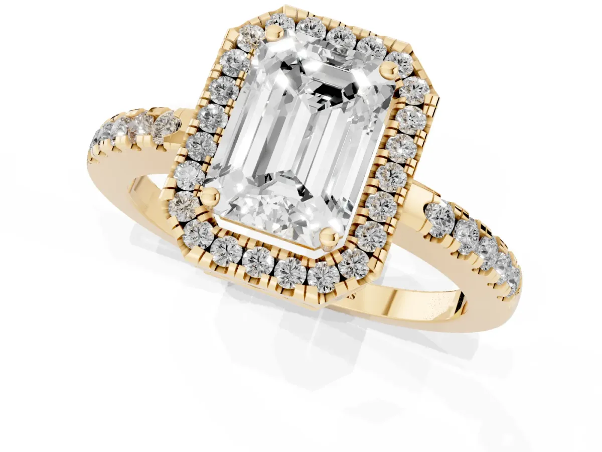 Emerald Cut Halo Diamond Engagement Ring with Pavé Band and Four-Prong Setting Yellow gold