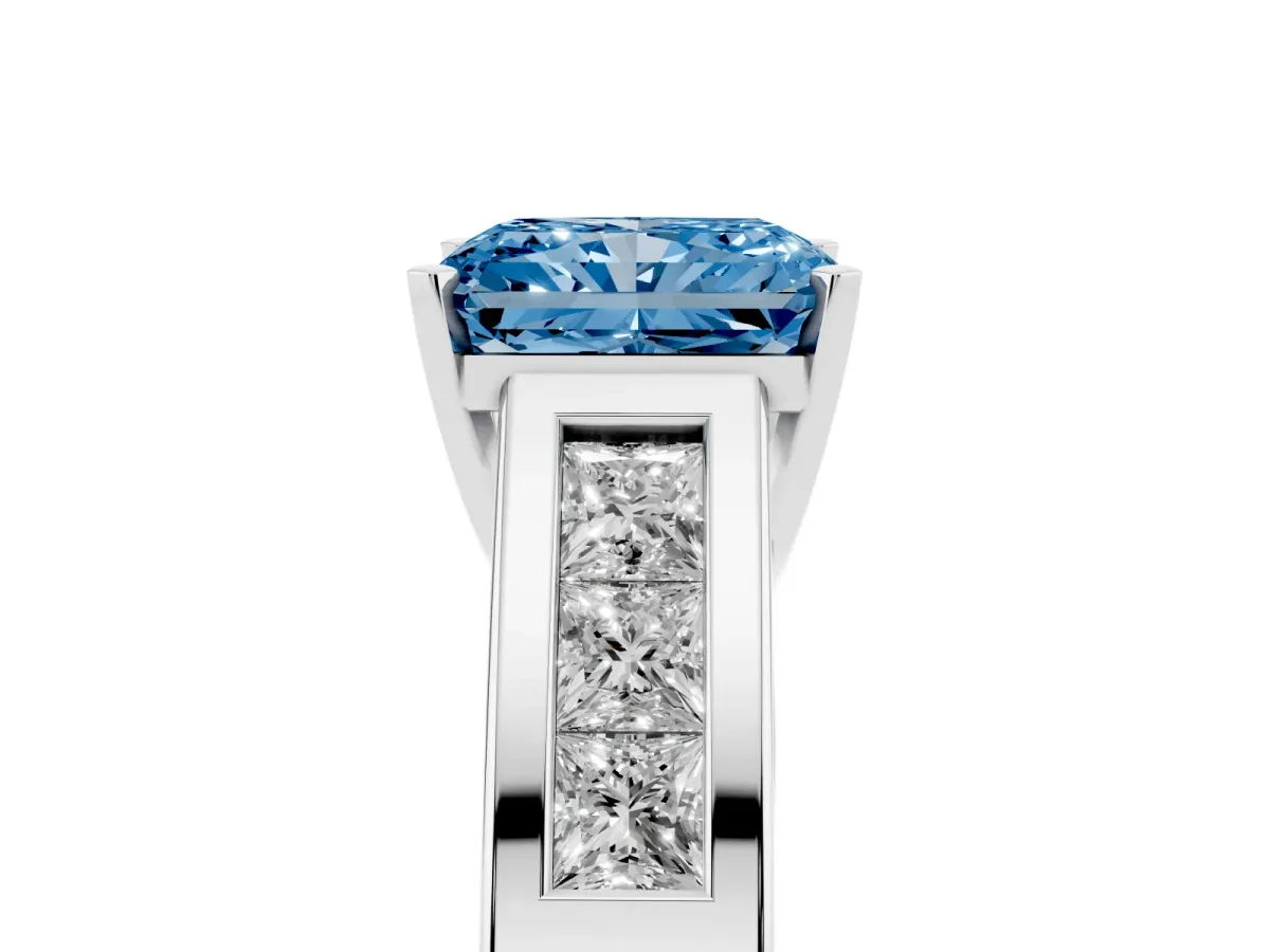 Fancy Blue Radiant Cut Cut Channel Set Solitaire Ring with Four-Prong Setting Silver