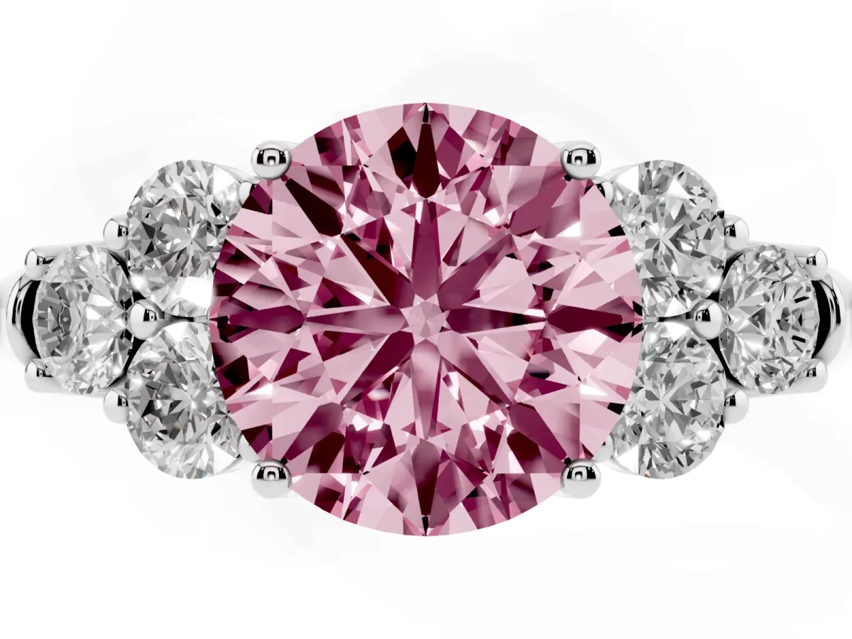 Fancy Pink Round Cut Cut Diamond Cluster Ring with Round Accent Stones and Prong Setting on a Classic Band White gold