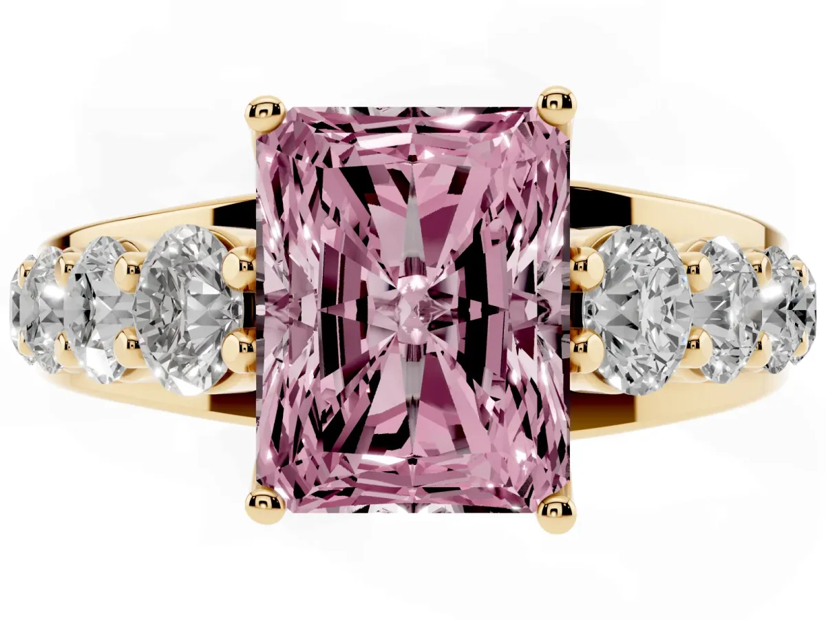 Fancy Pink Radiant Cut Diamond Engagement Ring with Pavé Band and Four-Prong Setting Yellow gold