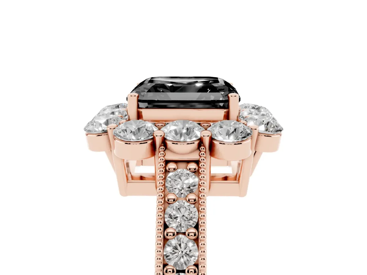 Fancy Black Asscher Cut Cut Halo Diamond Pavé Engagement Ring with Milgrain Detailing Rose gold