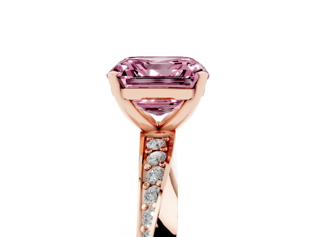 Fancy Pink Asscher Cut Diamond Engagement Ring with Side Stone Accents and Four-Prong Setting Rose gold