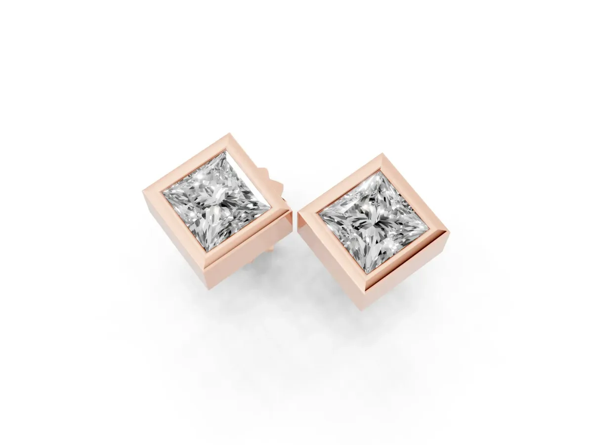 Princess Cut Bezel Set Diamond Stud Earrings Rose gold