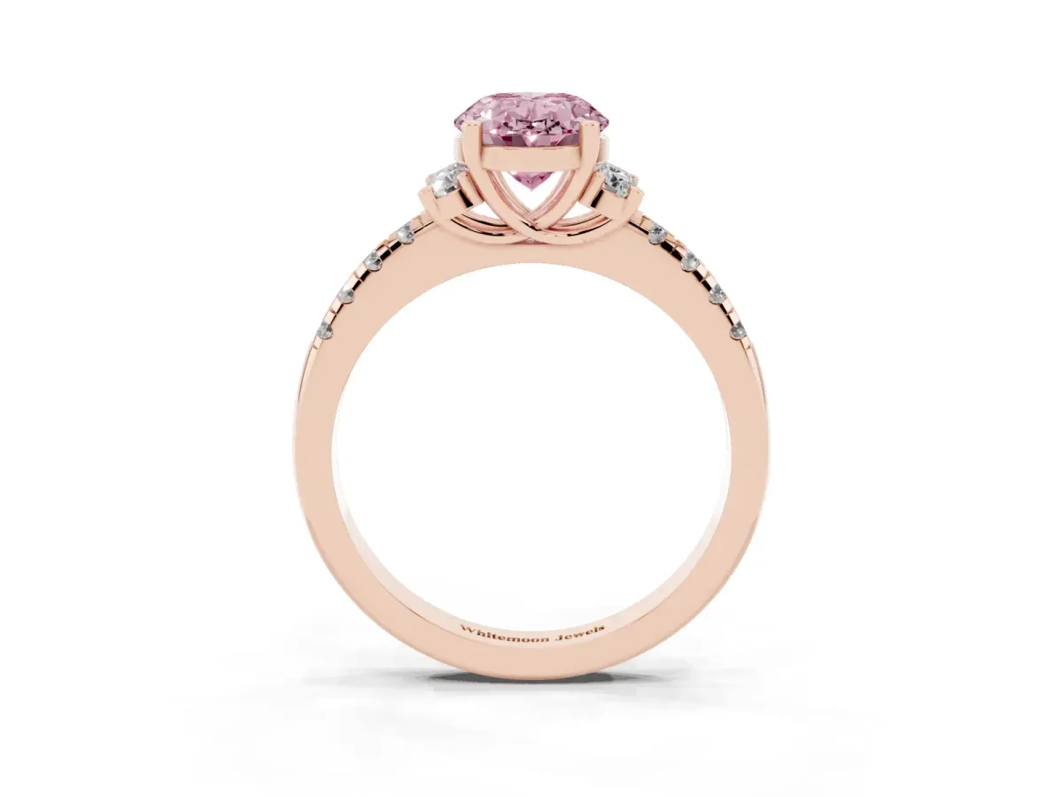Fancy Pink Oval Cut Diamond Three-Stone Pave Band with Four-Prong Setting Rose gold