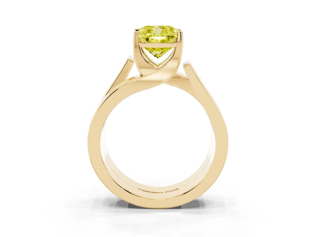Fancy Yellow Modern Tension Set Cushion Cut Diamond Solitaire Wide Band Ring Yellow gold