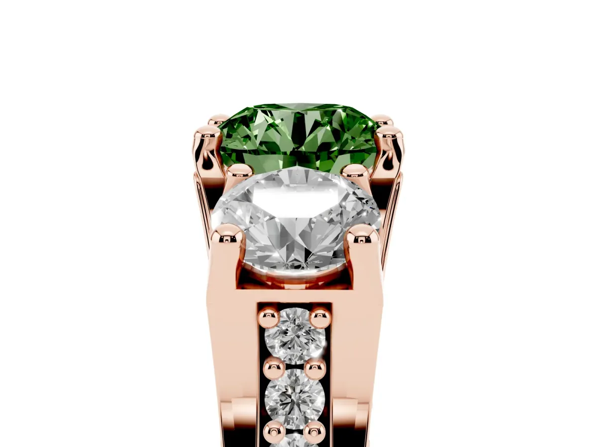 Fancy Green Round Cut Diamond Three-Stone Ring with Channel Set Band and Four-Prong Setting Rose gold