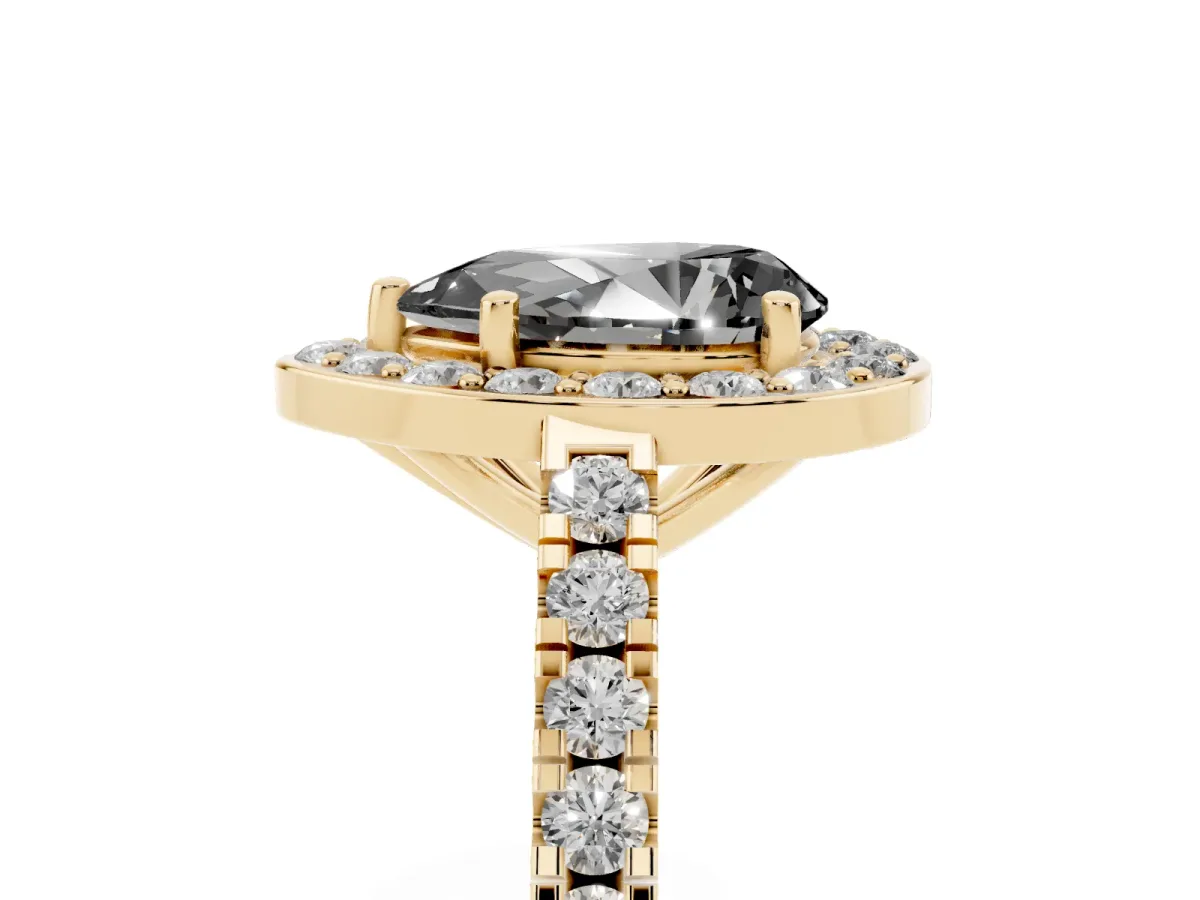 Fancy Black Pear Cut Diamond Halo Ring with Round Pavé Split Shank and Prong Setting Yellow gold