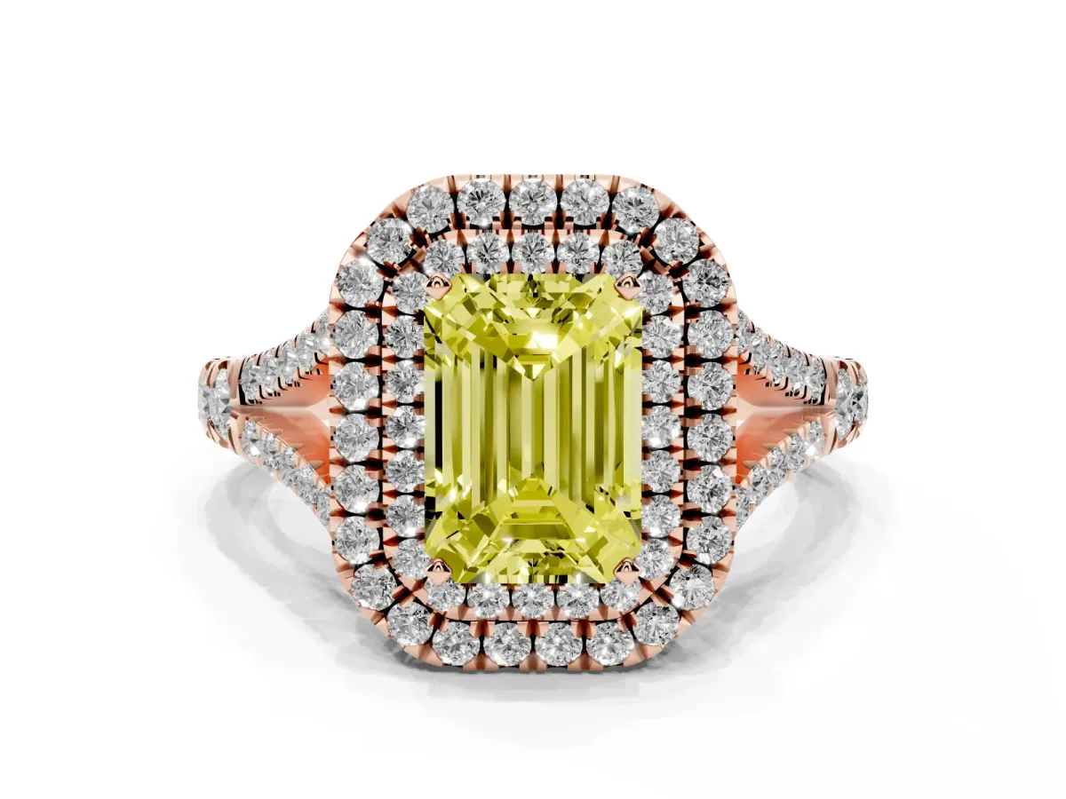 Fancy Yellow Emerald Cut Diamond Pavé Split Shank Double Halo Engagement Ring Rose gold