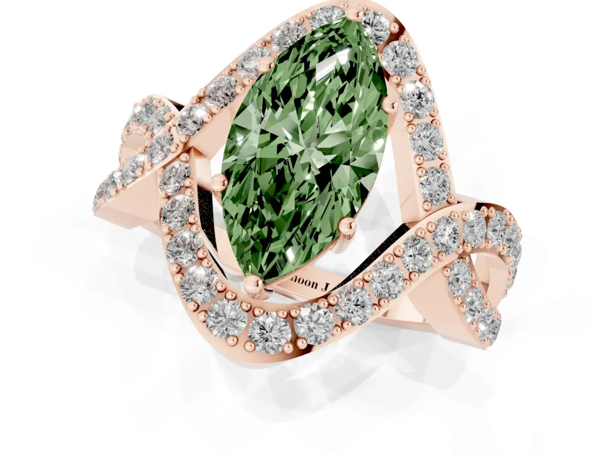 Fancy Green Marquise Cut Solitaire Twist Band Pavé Diamond Engagement Ring Rose gold