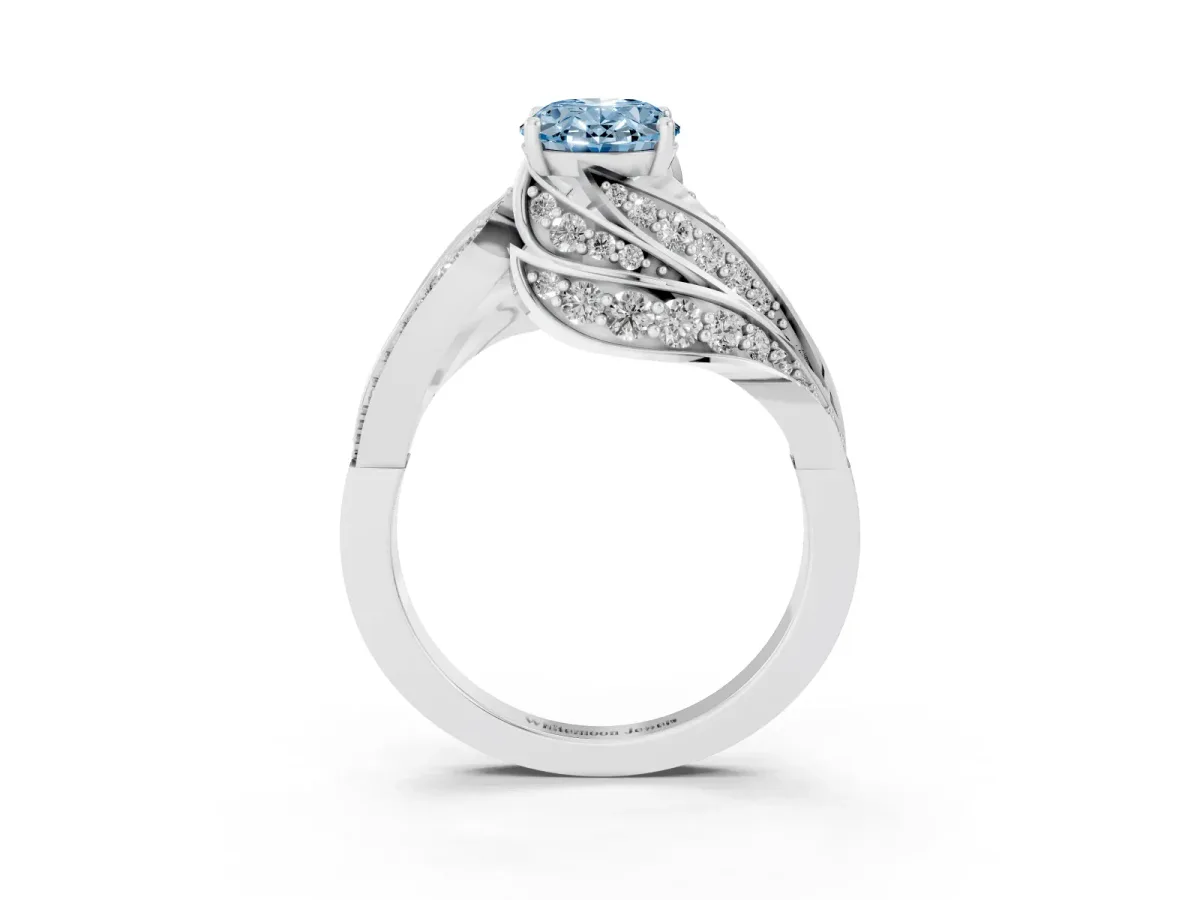 Fancy Blue Oval Cut Diamond Solitaire Ring with Prong Setting and Twisted Pavé Band Silver