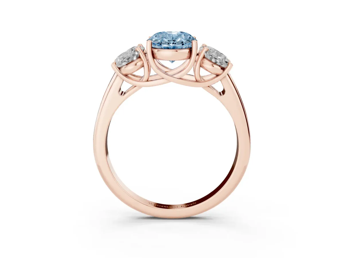 Fancy Blue Three-Stone Oval Cut Diamond Engagement Ring with Prong Setting Rose gold