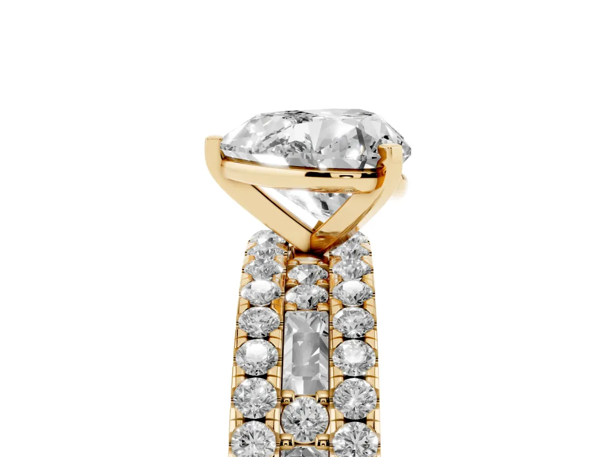 Heart Cut Diamond Solitaire Ring with Pavé and Channel Set Band Yellow gold