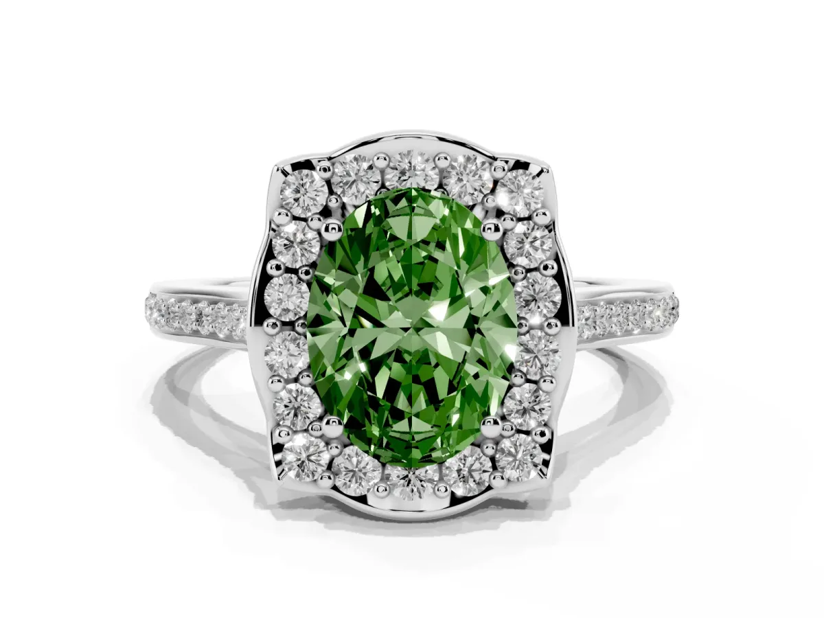 Fancy Green Oval Cut Halo Round Diamond Pave Band with Four-Prong Setting Platinum