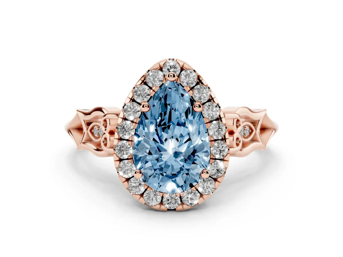 Fancy Blue Pear Cut Halo Diamond Engagement Ring with Filigree Band and Four-Prong Setting Rose gold