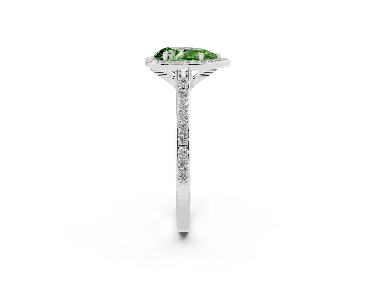 Fancy Green Pear Cut Diamond Halo Engagement Ring with Round Pavé Shoulders and Prong Setting White gold