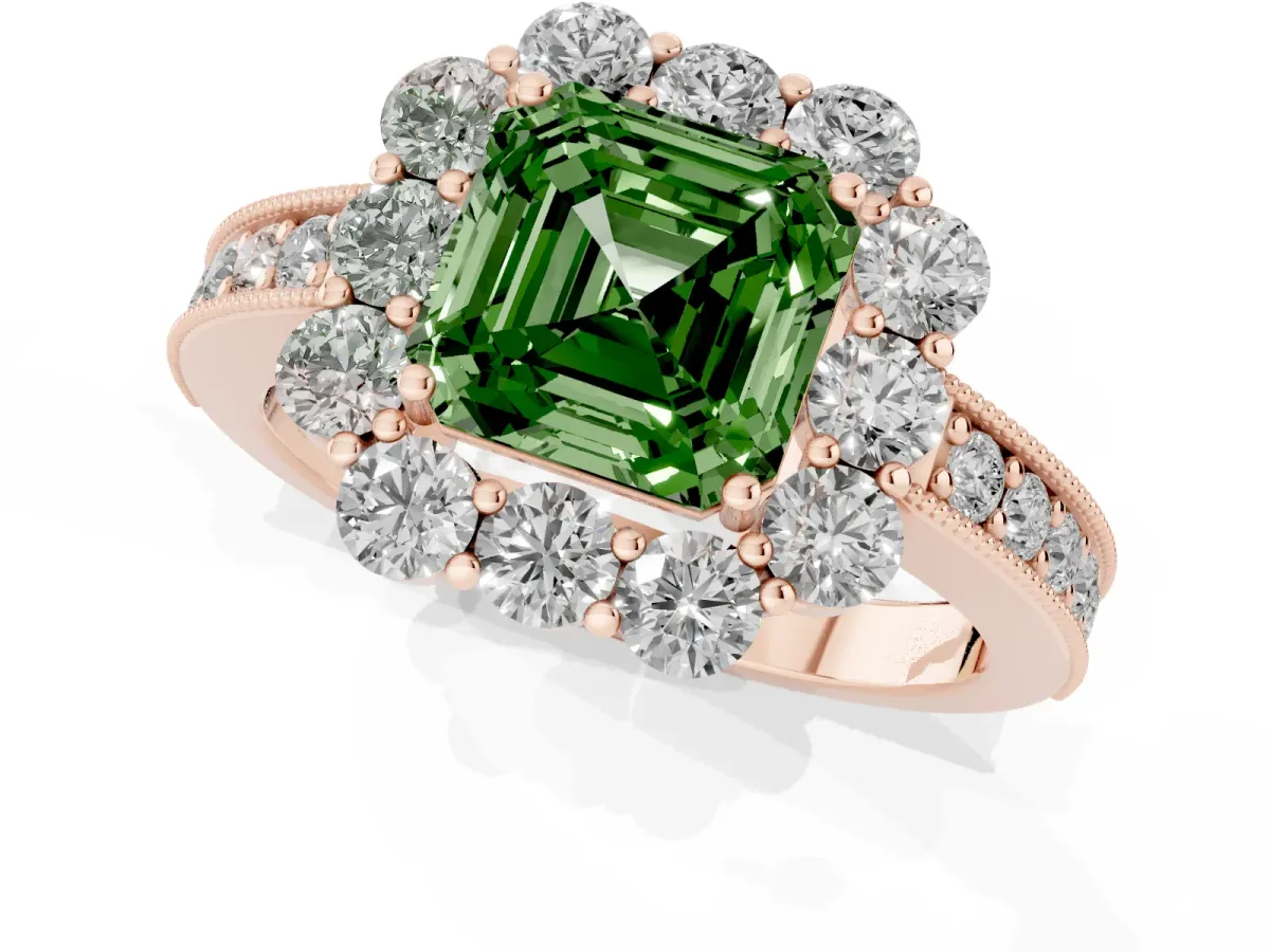 Fancy Green Asscher Cut Cut Halo Diamond Pavé Engagement Ring with Milgrain Detailing Rose gold