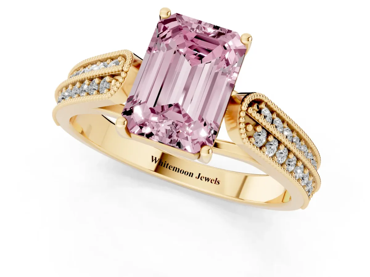 Fancy Pink Emerald Cut Cut Pave Split Shank Engagement Ring with Four-Prong Setting Yellow gold