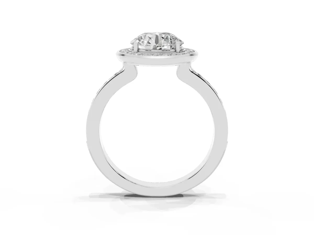 Round Cut Diamond Halo Ring with Bezel Frame and Pavé Band Platinum