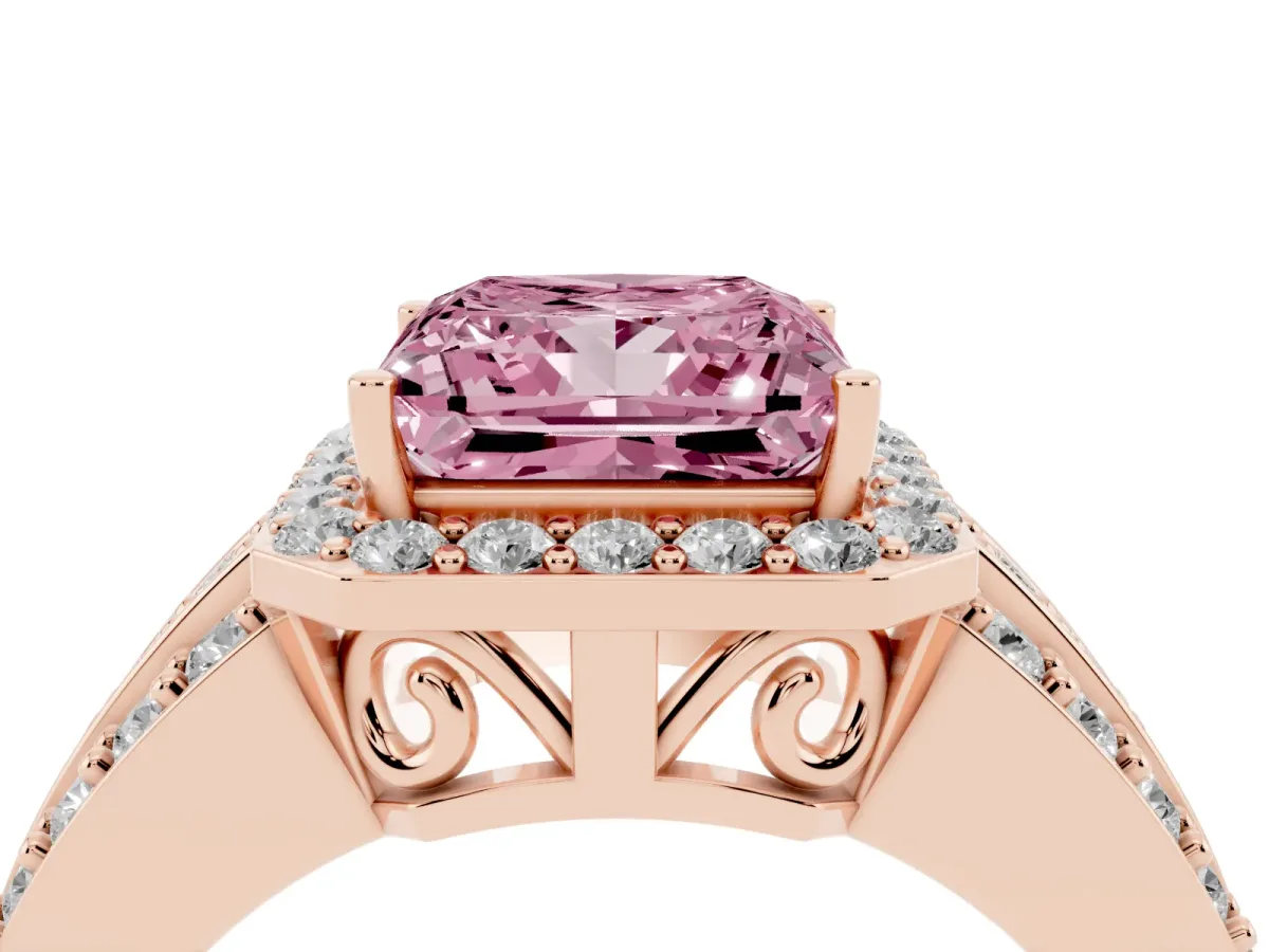 Fancy Pink Princess Cut Halo Diamond Ring with Round Split Shank and Prong Setting Rose gold