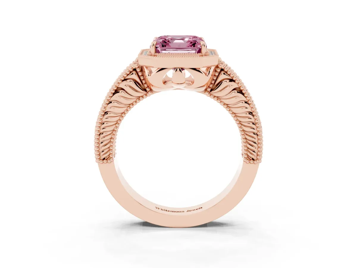 Fancy Pink Asscher Cut Cut Halo Diamond Ring with Pavé Band and Four-Prong Setting Rose gold