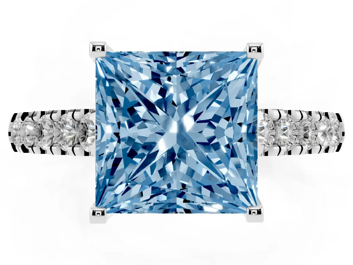 Fancy Blue Princess Cut Diamond Pavé Band Solitaire Ring with Prong Setting Silver