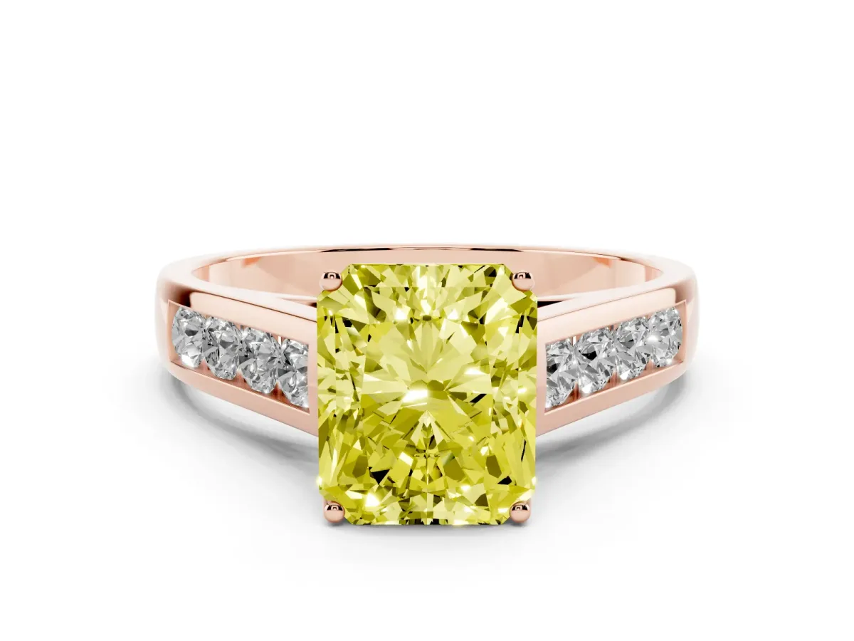 Fancy Yellow Radiant Cut Solitaire Channel-Set Diamond Engagement Ring with Four-Prong Setting Rose gold