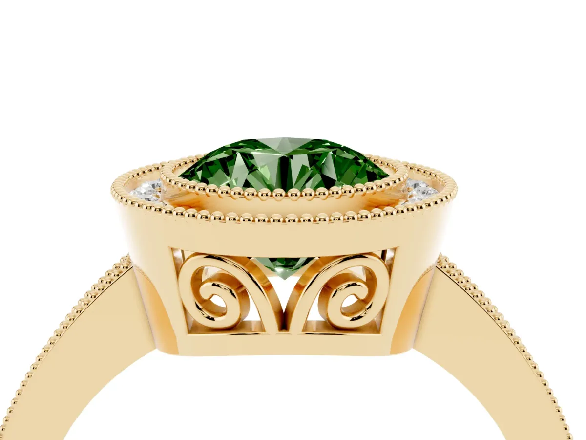 Fancy Green Round Cut Cut Halo Diamond Ring with Pavé Band and Milgrain Prong Setting Yellow gold