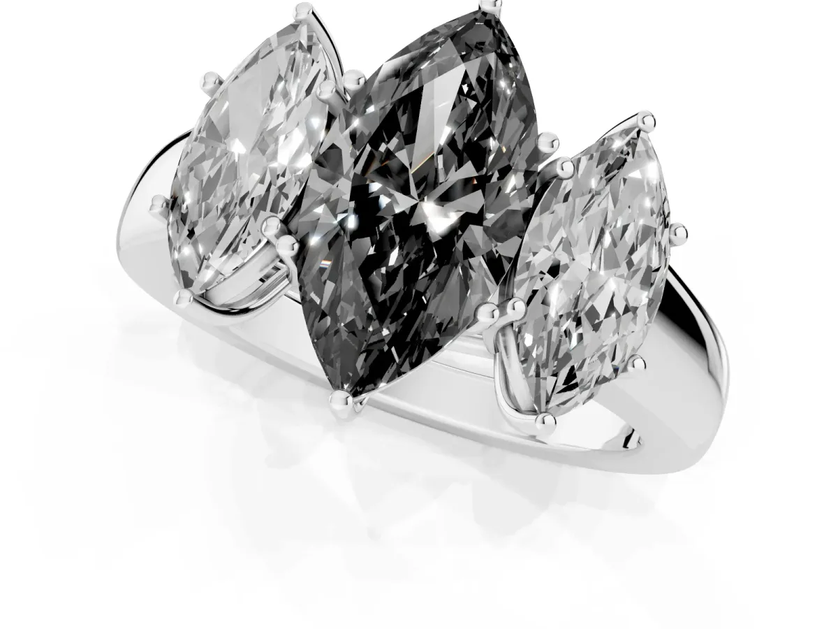 Fancy Black Three-Stone Marquise Cut Cut Diamond Ring with Prong Setting and Classic Band Silver