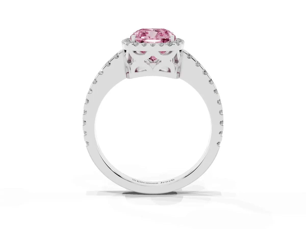 Fancy Pink Cushion Cut Diamond Halo Engagement Ring with Pavé Band and Prong Setting Silver